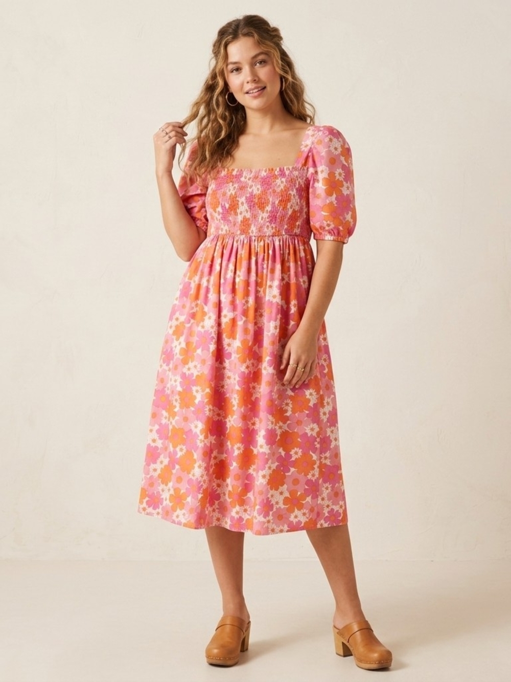 Pink Floral Smocked Midi Dress with Puff Sleeves